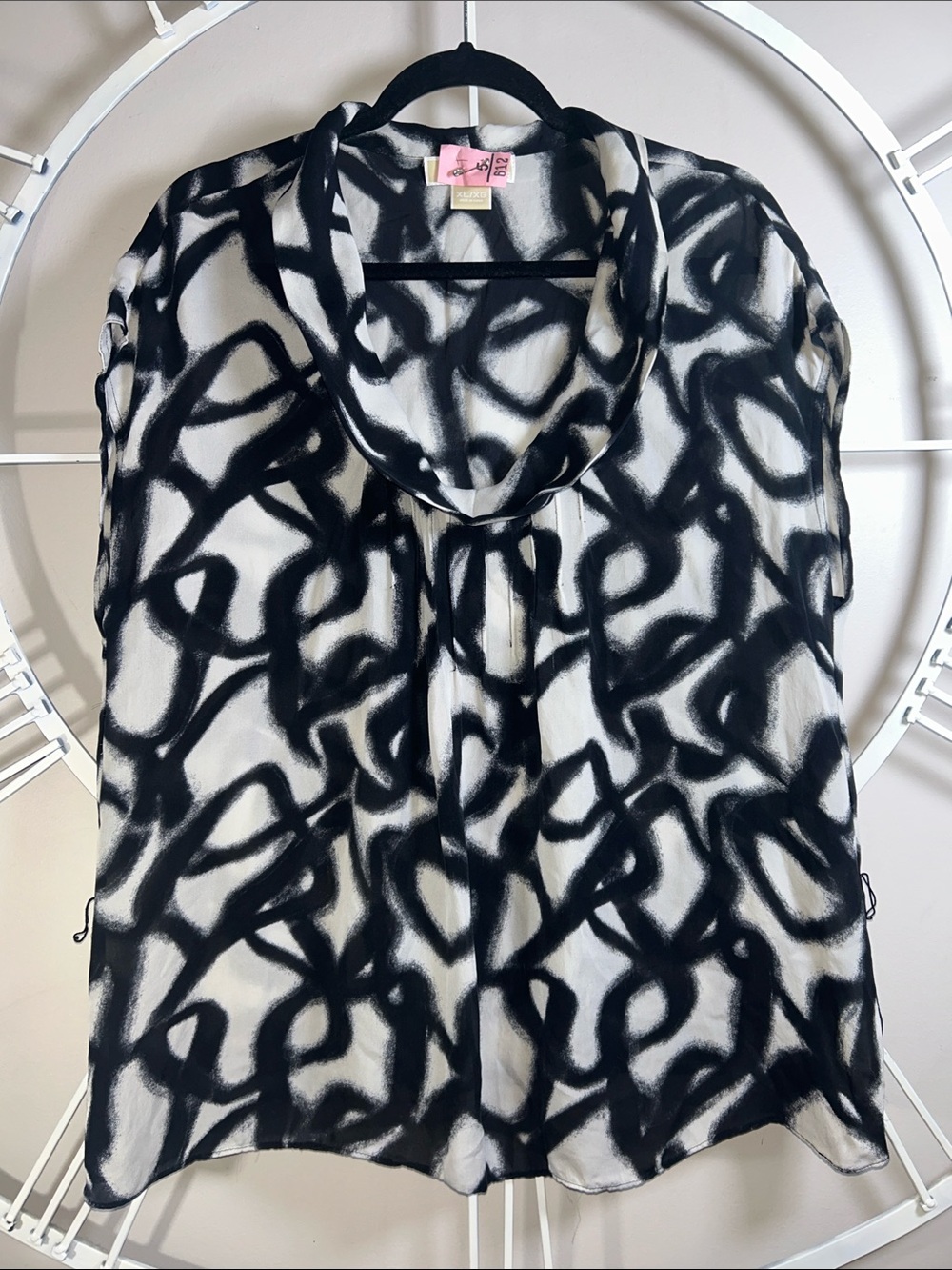 MICHAEL Michael Kors 100% Silk Black & White Abstract Graffiti Cowl Neck Blouse